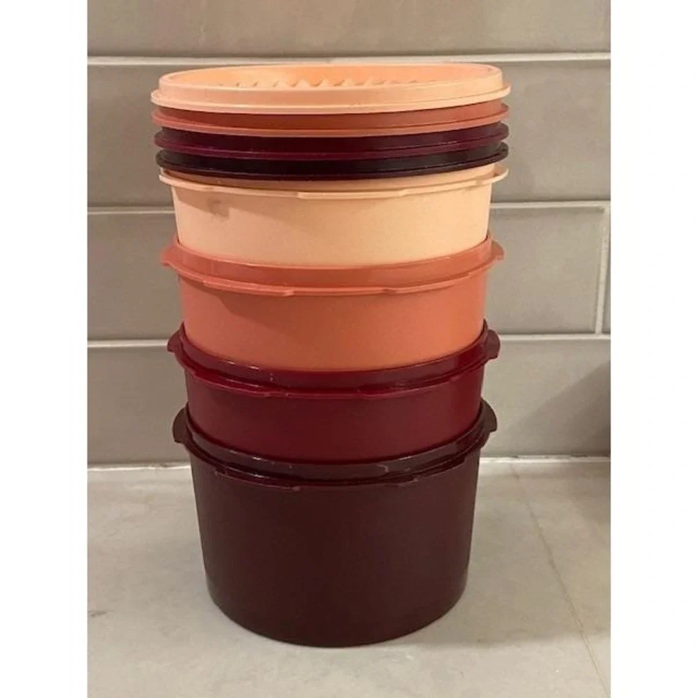 Tupperware Servalier Canister Set 4pc Sunburst Lids Peach Coral Maroon 810-17